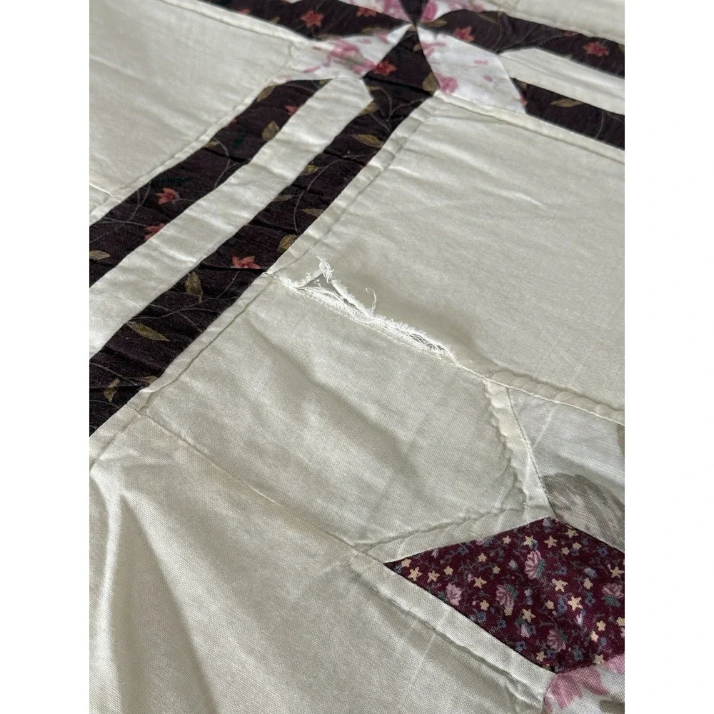 Handmade Patchwork Quilt 100x88 Burgundy Cream Floral Pinwheel Cottage Queen